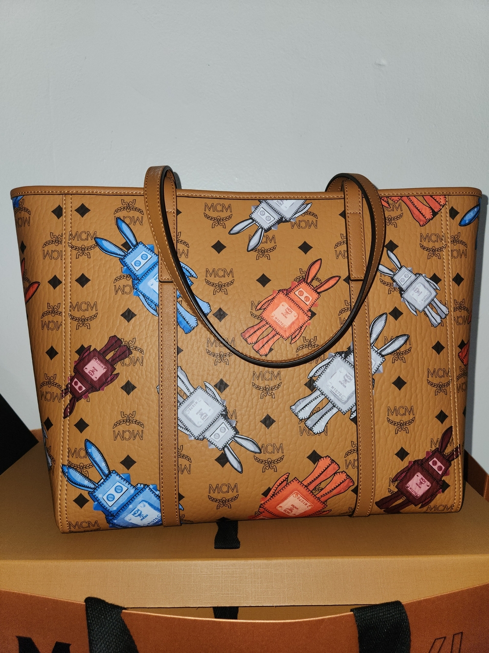 MCM Cognac Tote with Multicolor Rabot/Rabbit Print